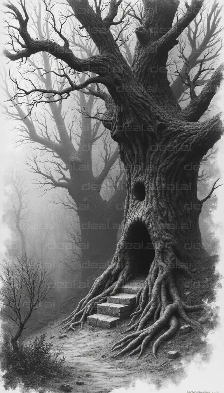 "Mysterious Treehouse in a Foggy Forest"