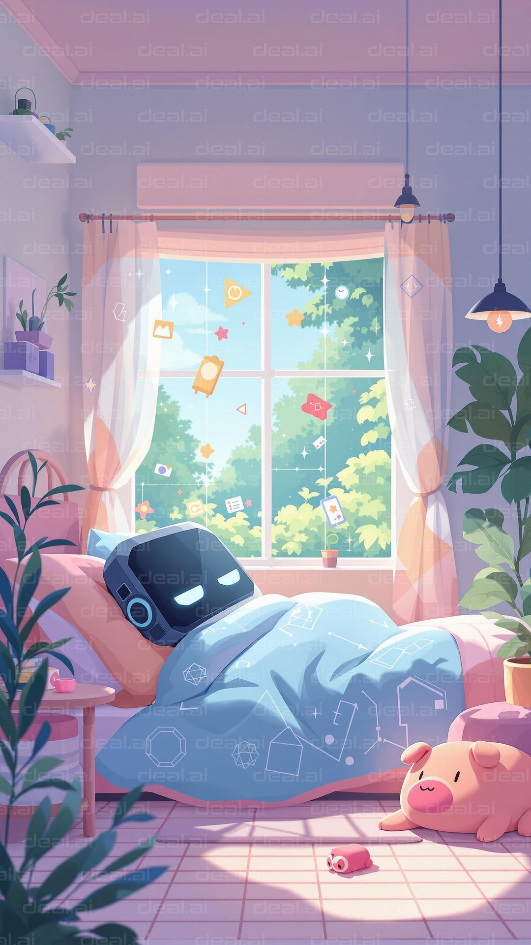 "Serene Morning in Cozy Robot Room"