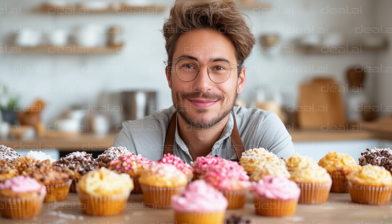 Baker with an Array of Delicious Cupcakes