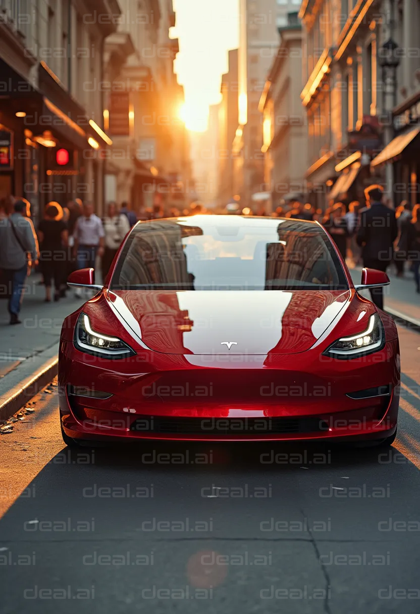 Red Tesla in Urban Sunset Glow