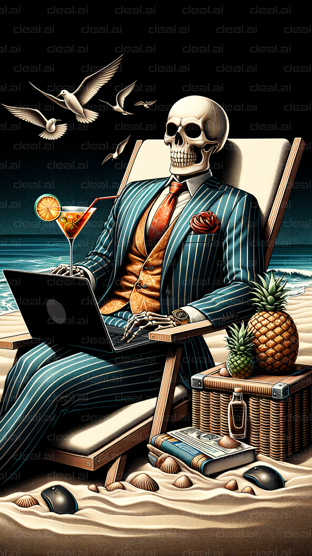 "Skeleton in a Suit Relaxing on Beach"