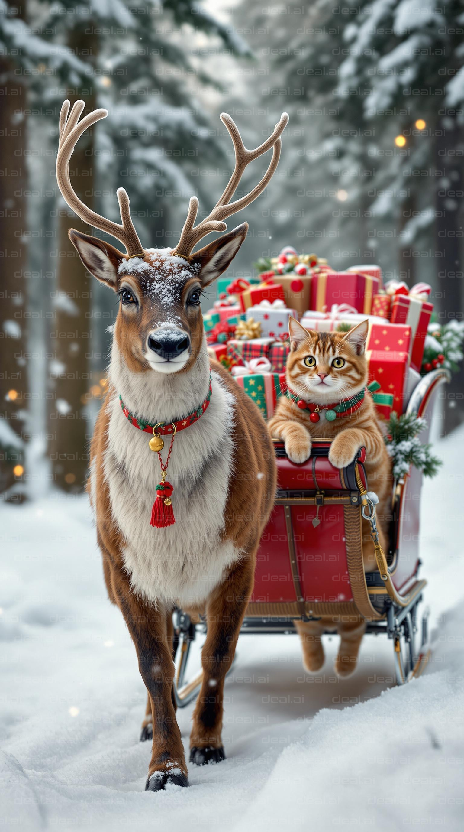 Reindeer and Cat Deliver Christmas Joy