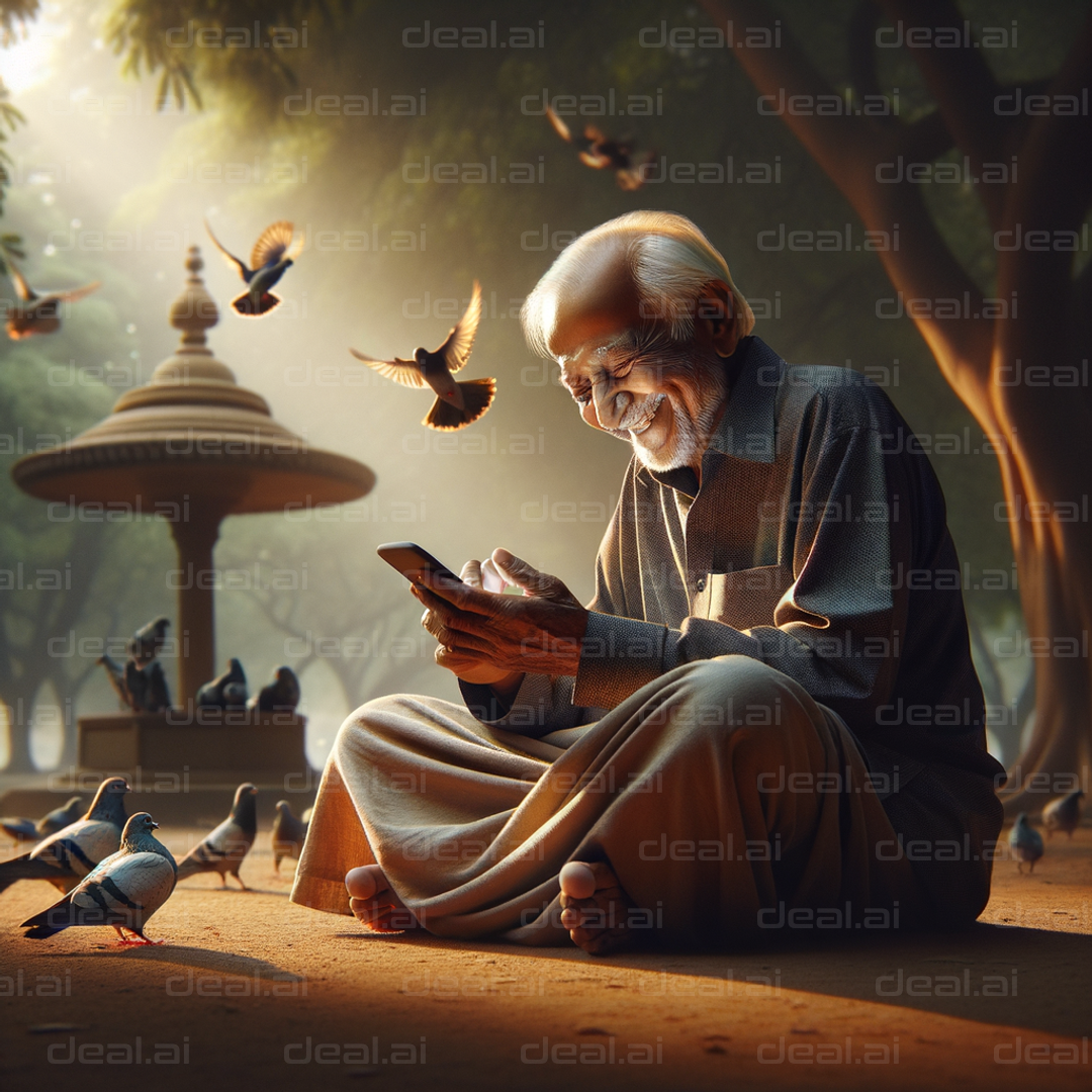 "Joyful Senior in the Park with Birds"