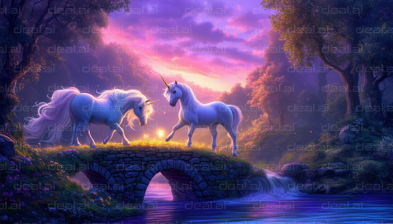 "Unicorns on a Mystic Bridge at Sunset"