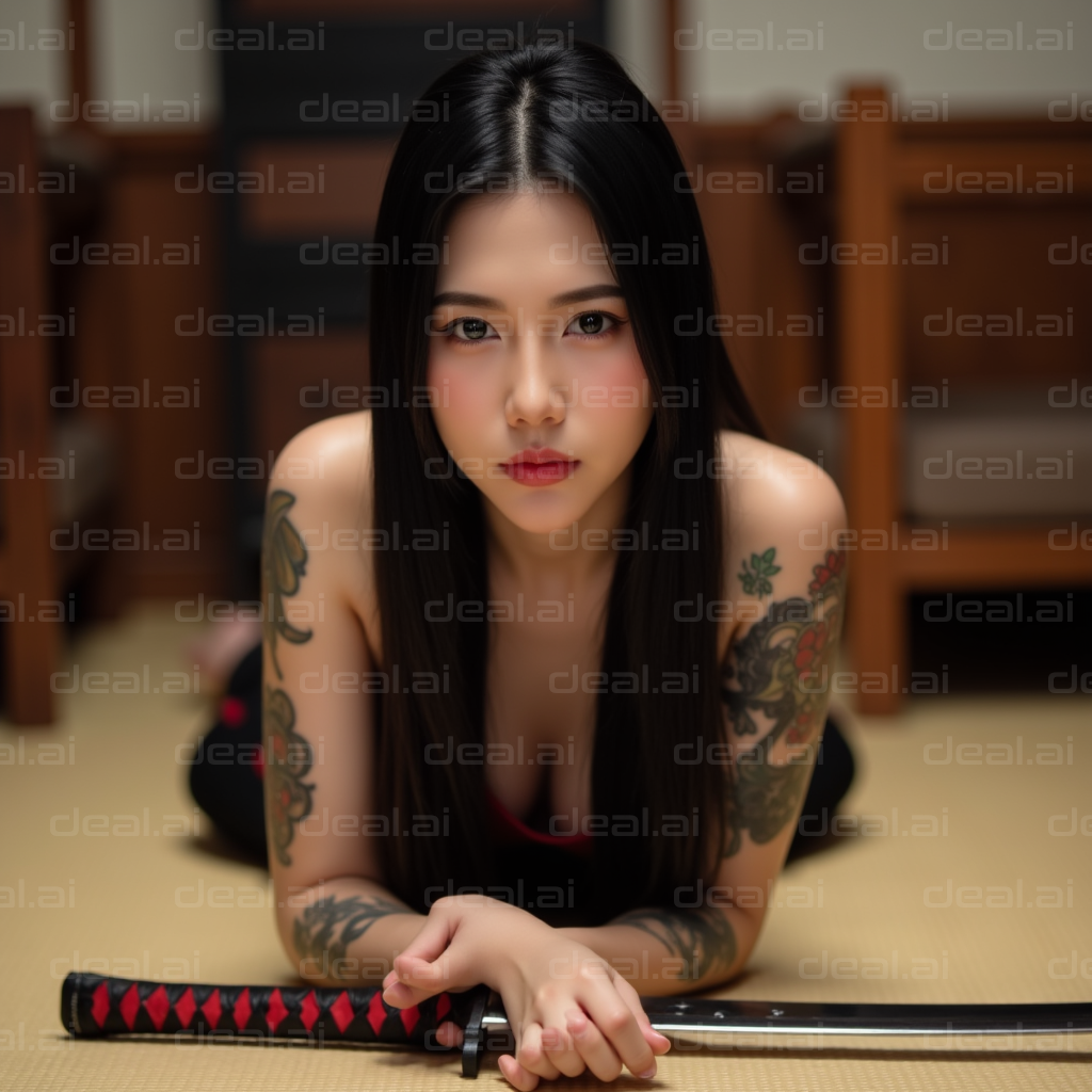 Tattooed Woman with Sword in Focus