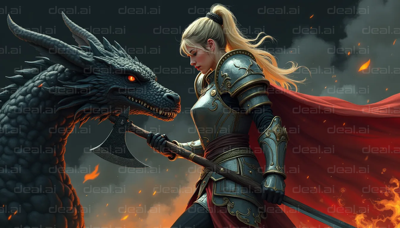 "Warrior and Dragon Amidst Flames"