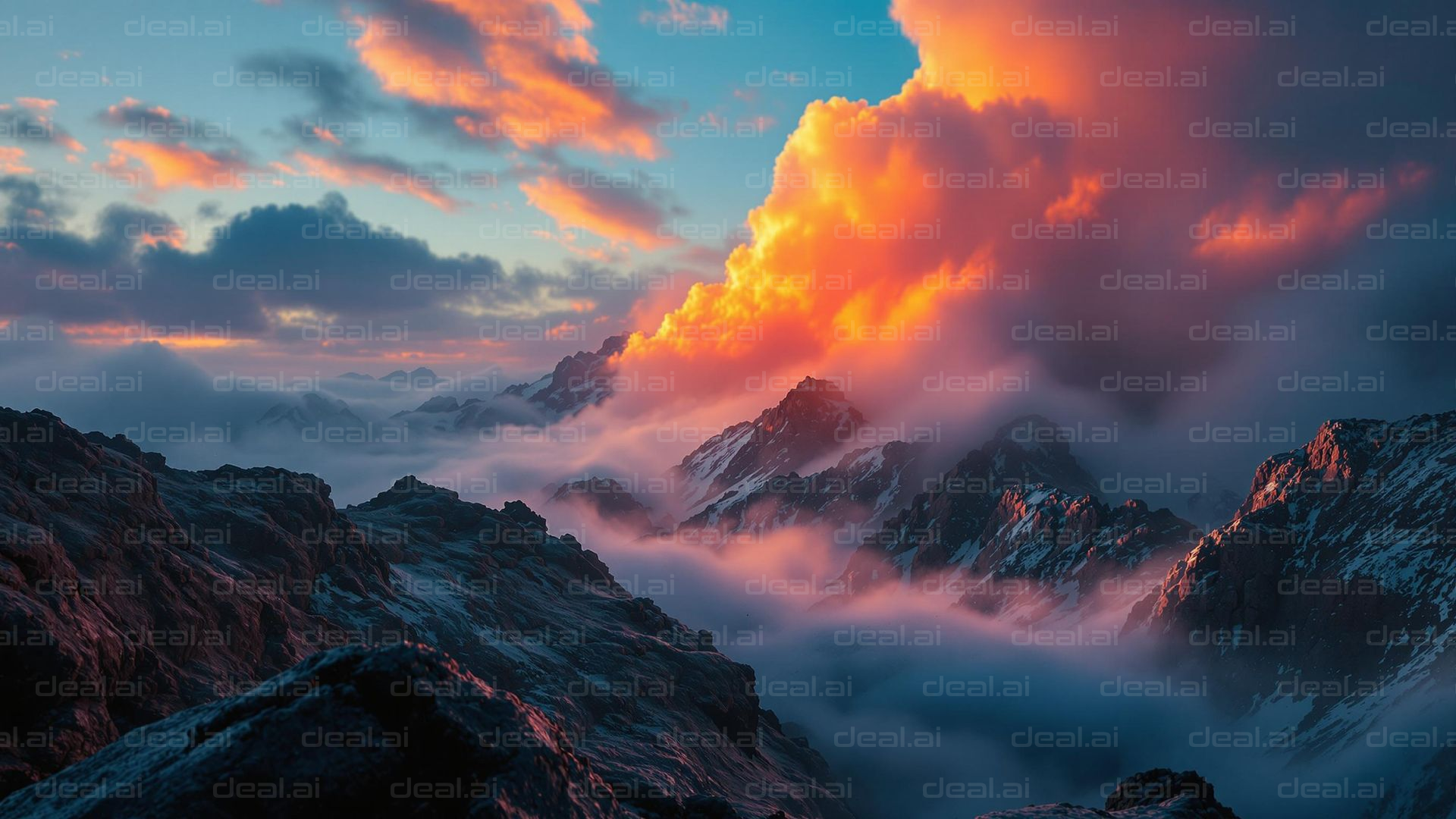Fiery Sunset over Mountain Peaks