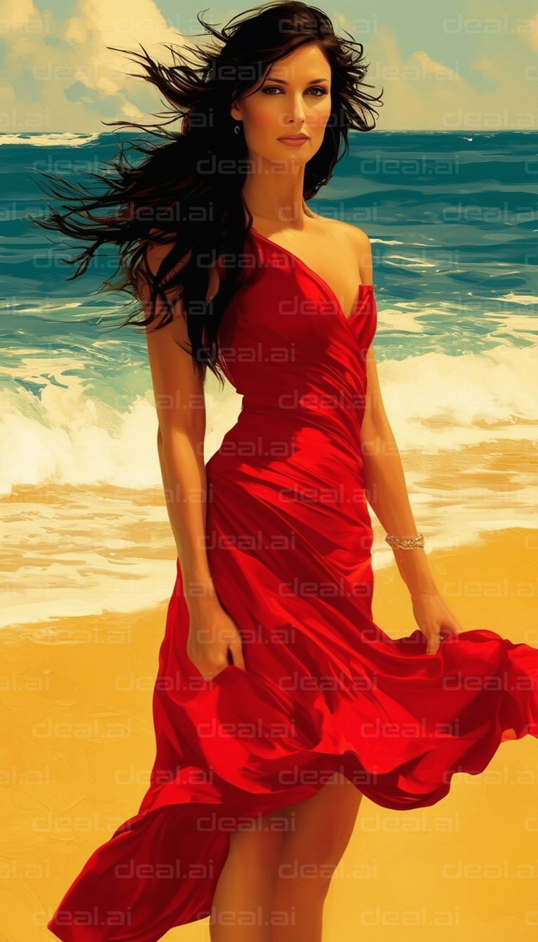 Woman in Red Dress by the Sea