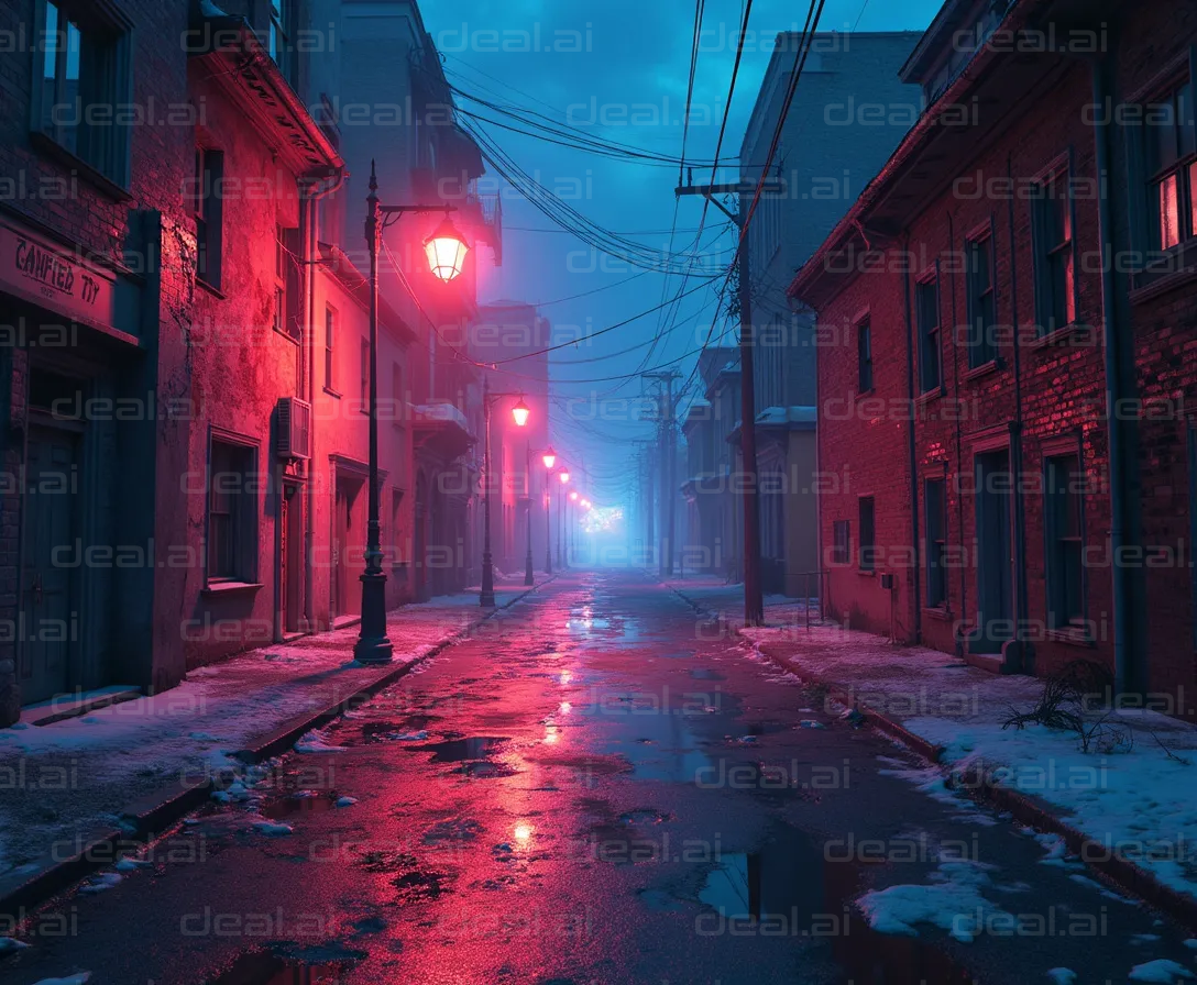 "Misty Street with Red Lights at Dawn"