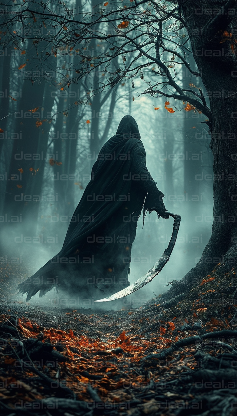 "Grim Reaper in a Foggy Forest"