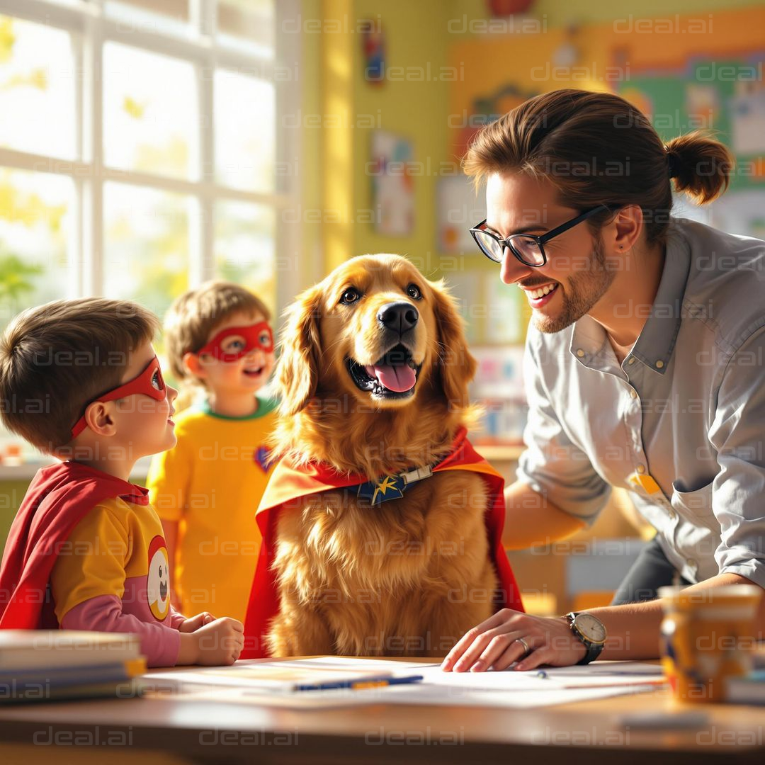 "Superhero Dog and Kids in Classroom"
