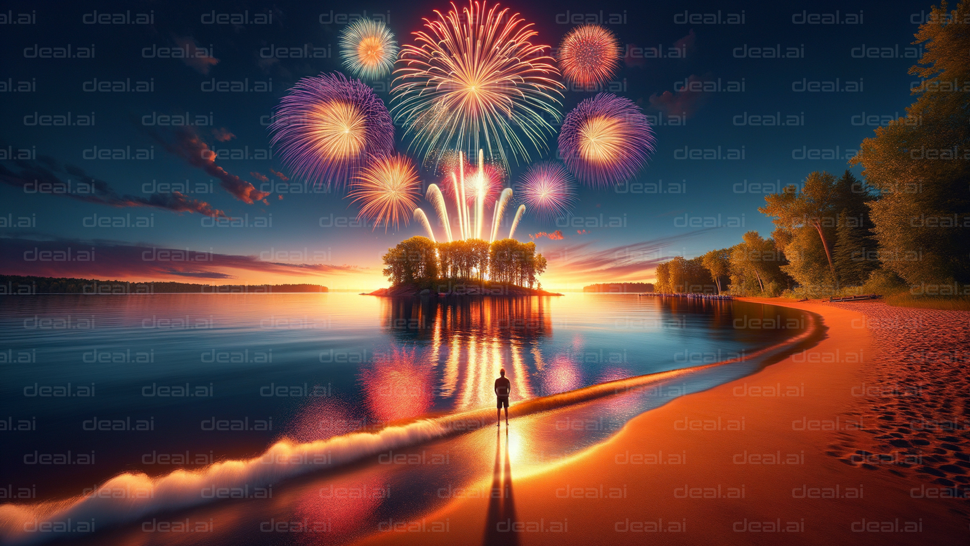 "Fireworks Over a Scenic Sunset Beach"