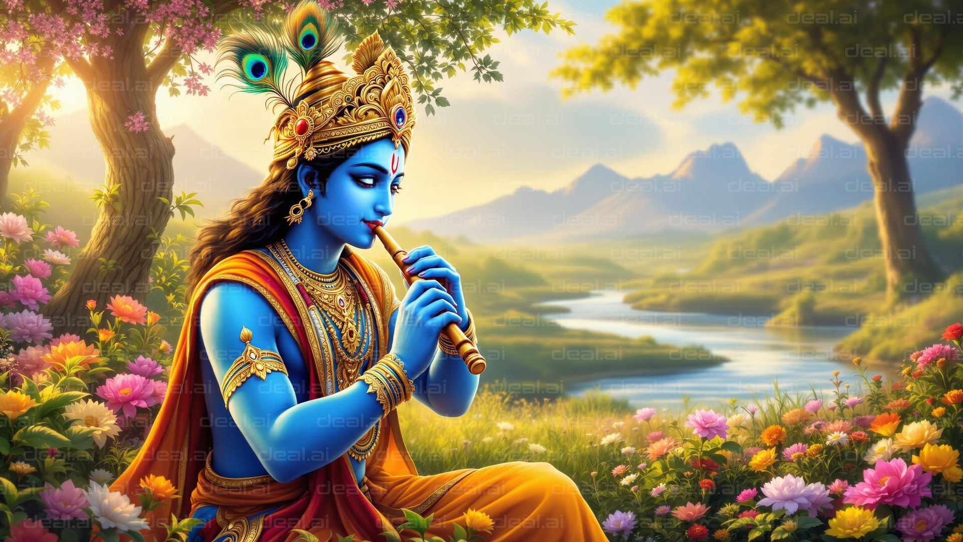 Krishna Playing Flute by the River