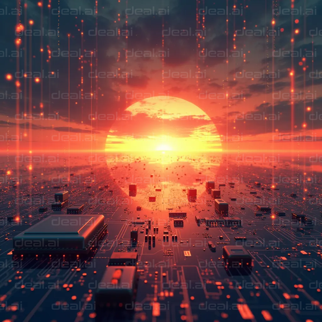 "Digital Sunset over Circuit Cityscape"