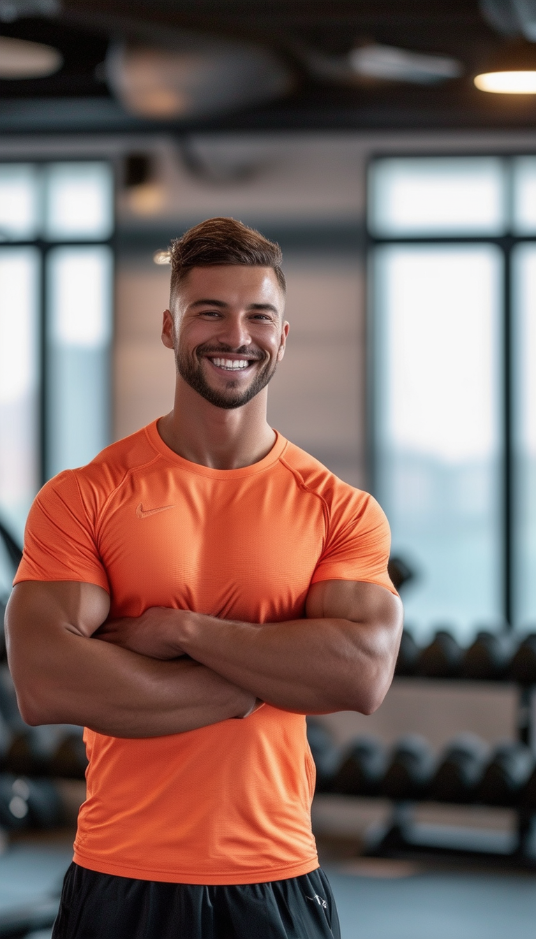 "Smiling Athlete in Orange Shirt at Gym"