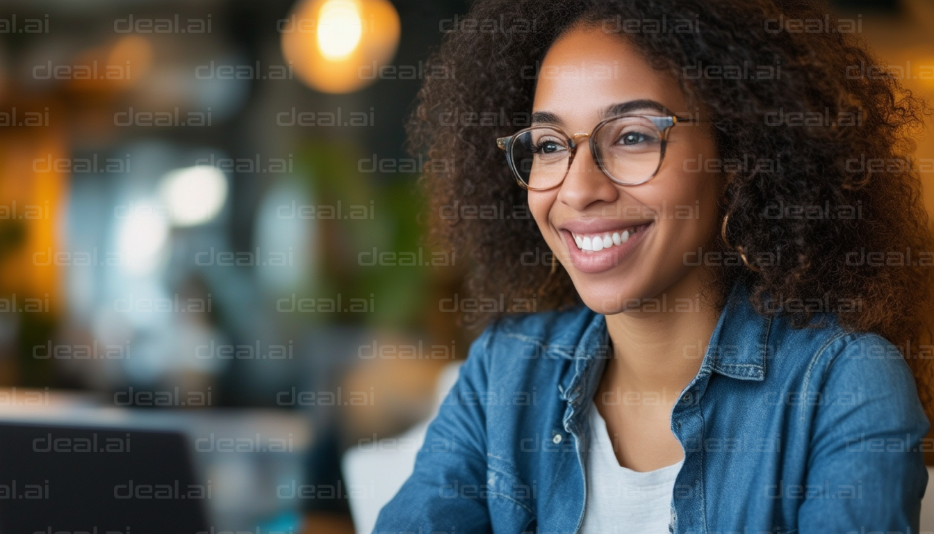 Smiling Woman Working on Laptop