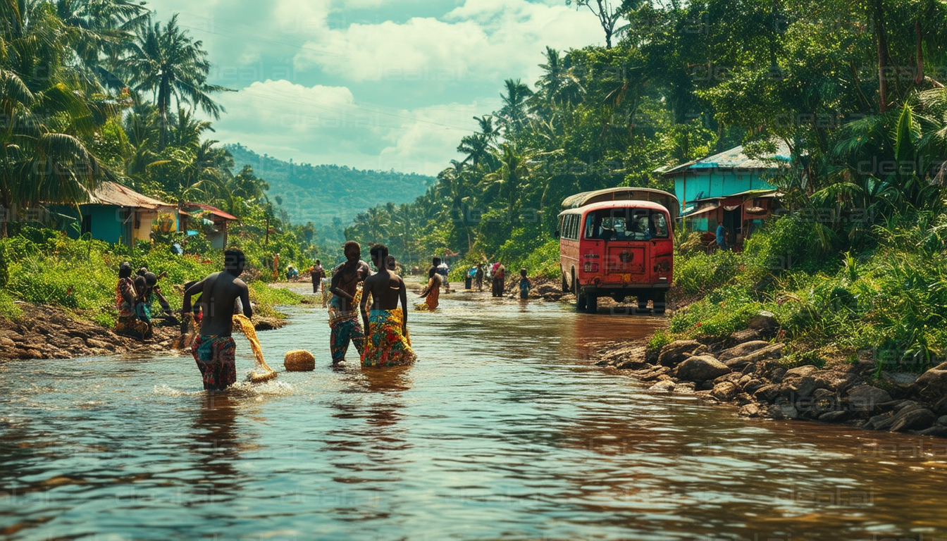 "Villagers Crossing a Flooded Road"