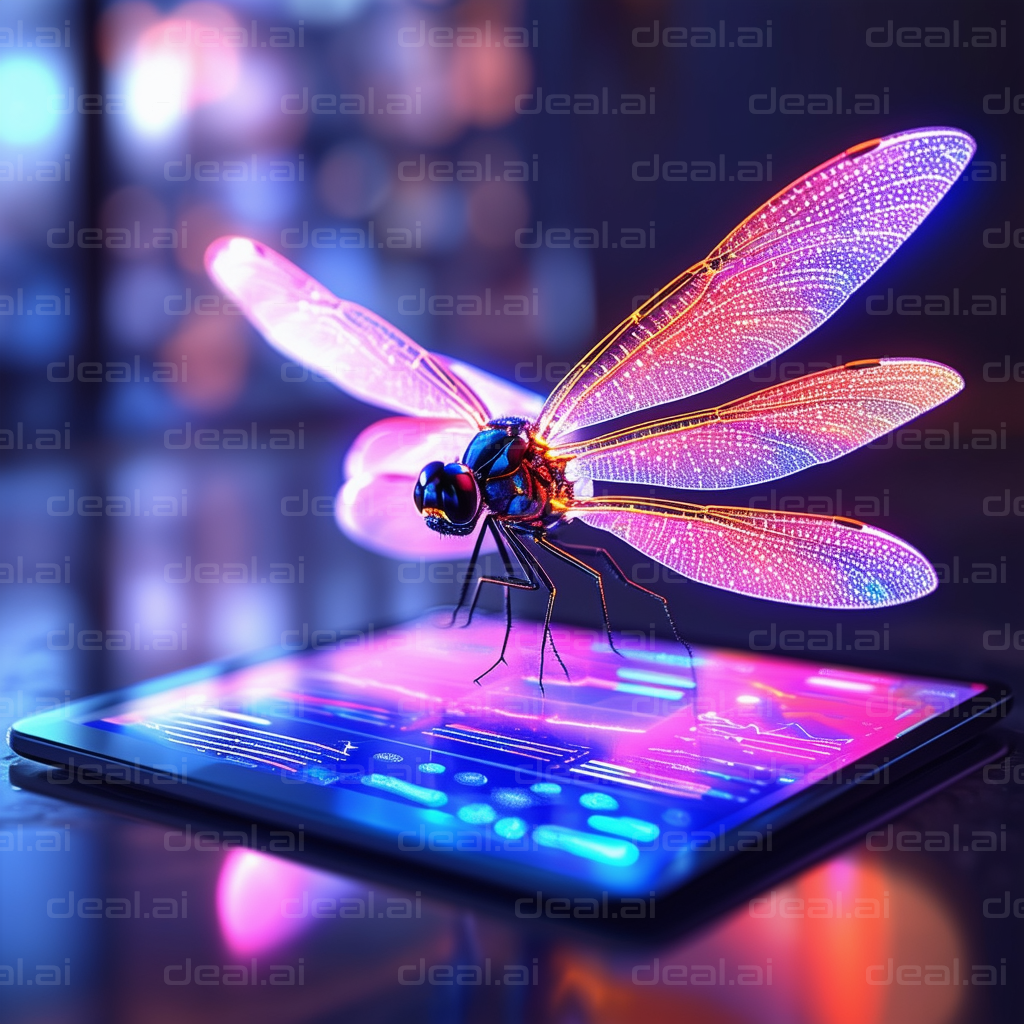 "Neon Dragonfly on Tablet Screen"