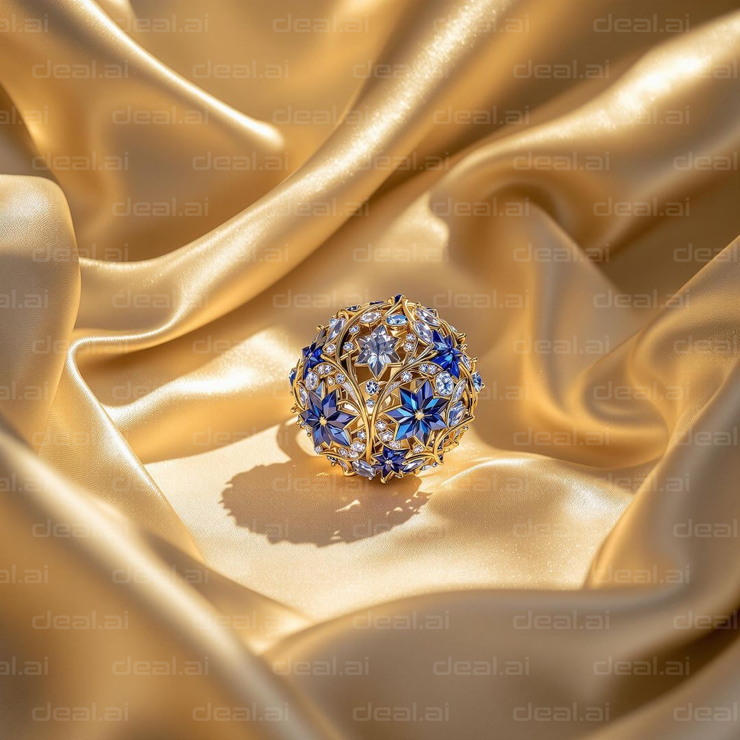 Ornate Blue Gem Sphere on Gold Fabric