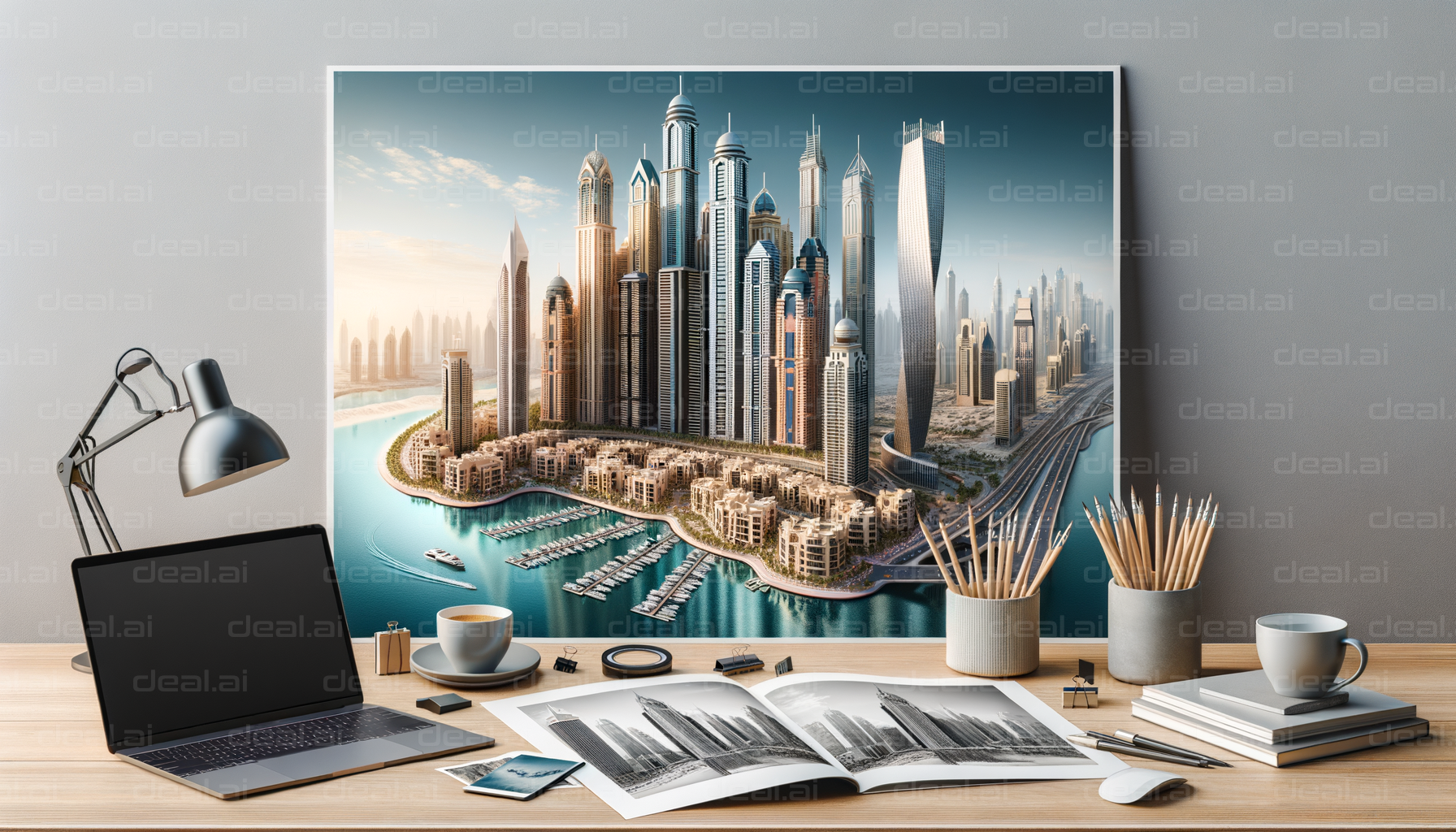 "Modern Skyline Art Display on Desk"