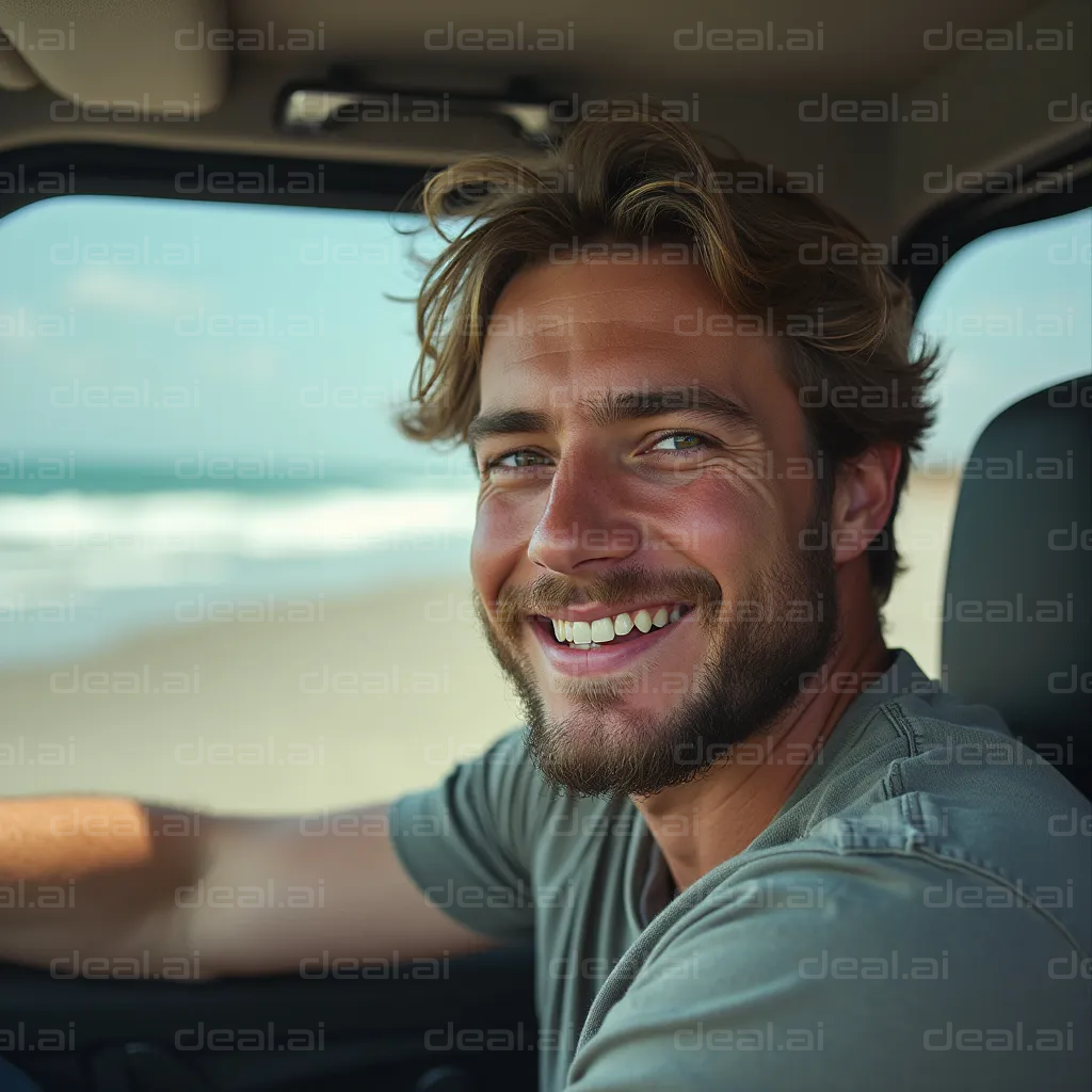 "Smiling Driver Enjoys Beach View"