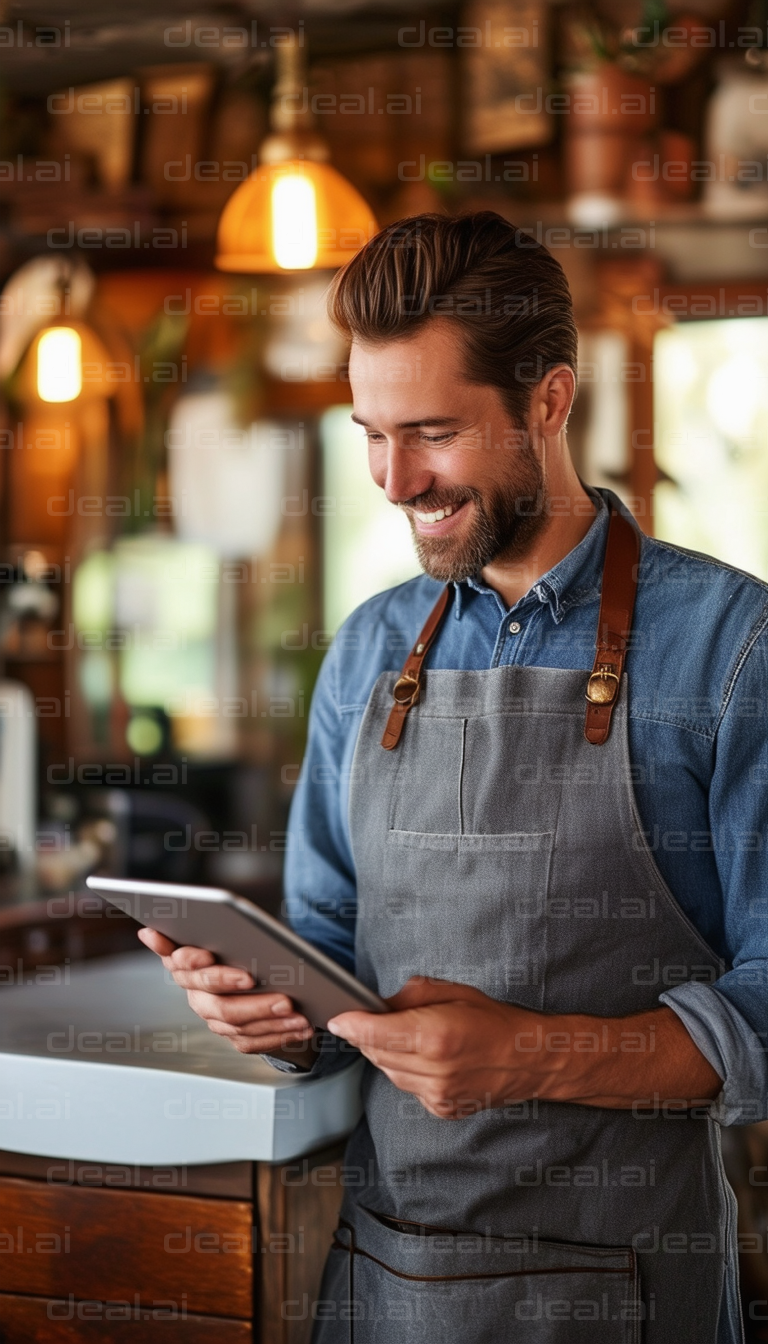 Barista Smiling While Using a Tablet