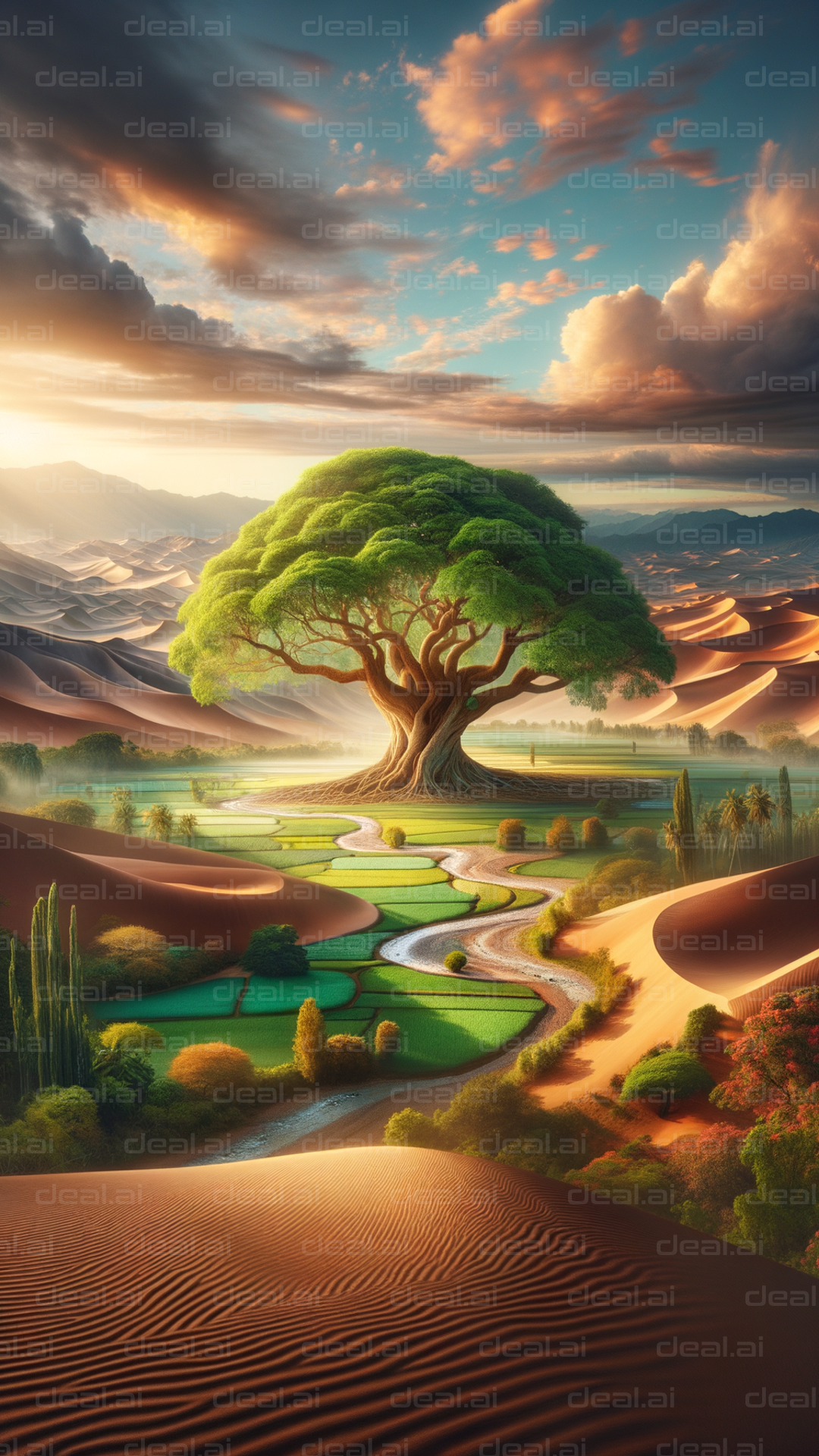 Oasis Tree in Desert Fantasy Landscape