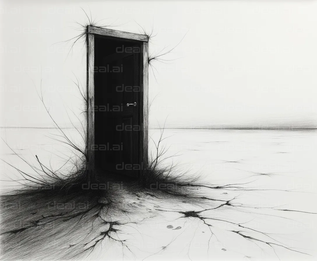 "Surreal Doorway in a Desolate Landscape"