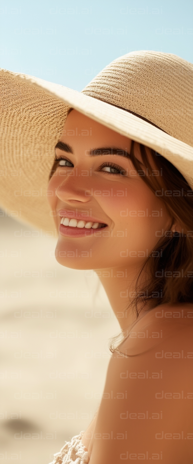 Woman Smiling in Sun Hat by the Beach