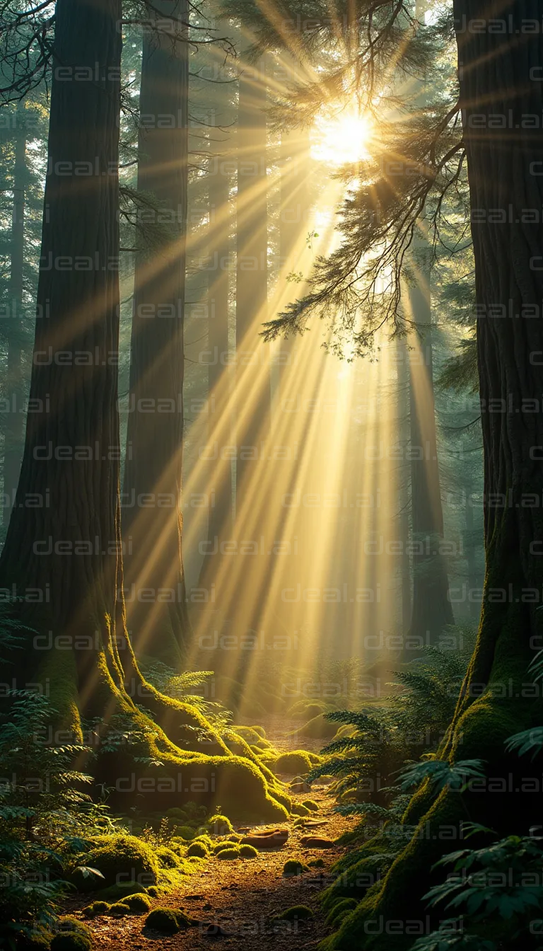 "Sunbeams Through Enchanted Forest"