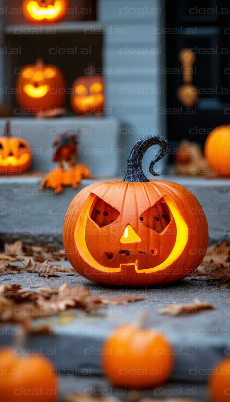 Glowing Jack-O'-Lanterns on Front Porch