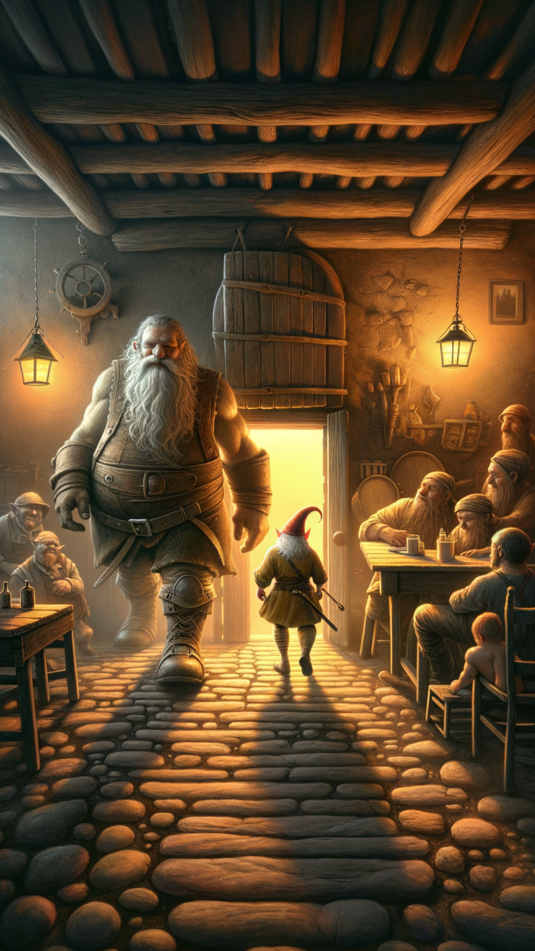 "Giant and Gnome Enter Tavern"