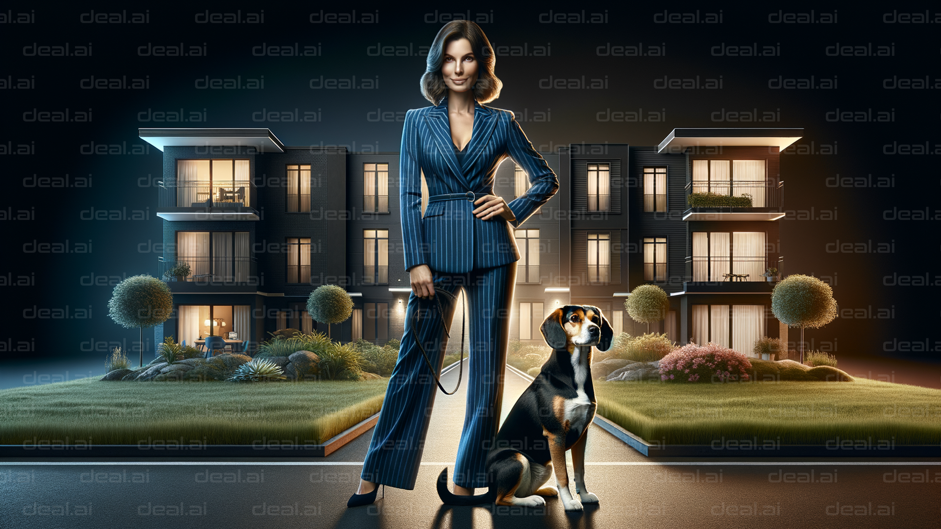 "Stylish Woman with Dog in Evening Glow"