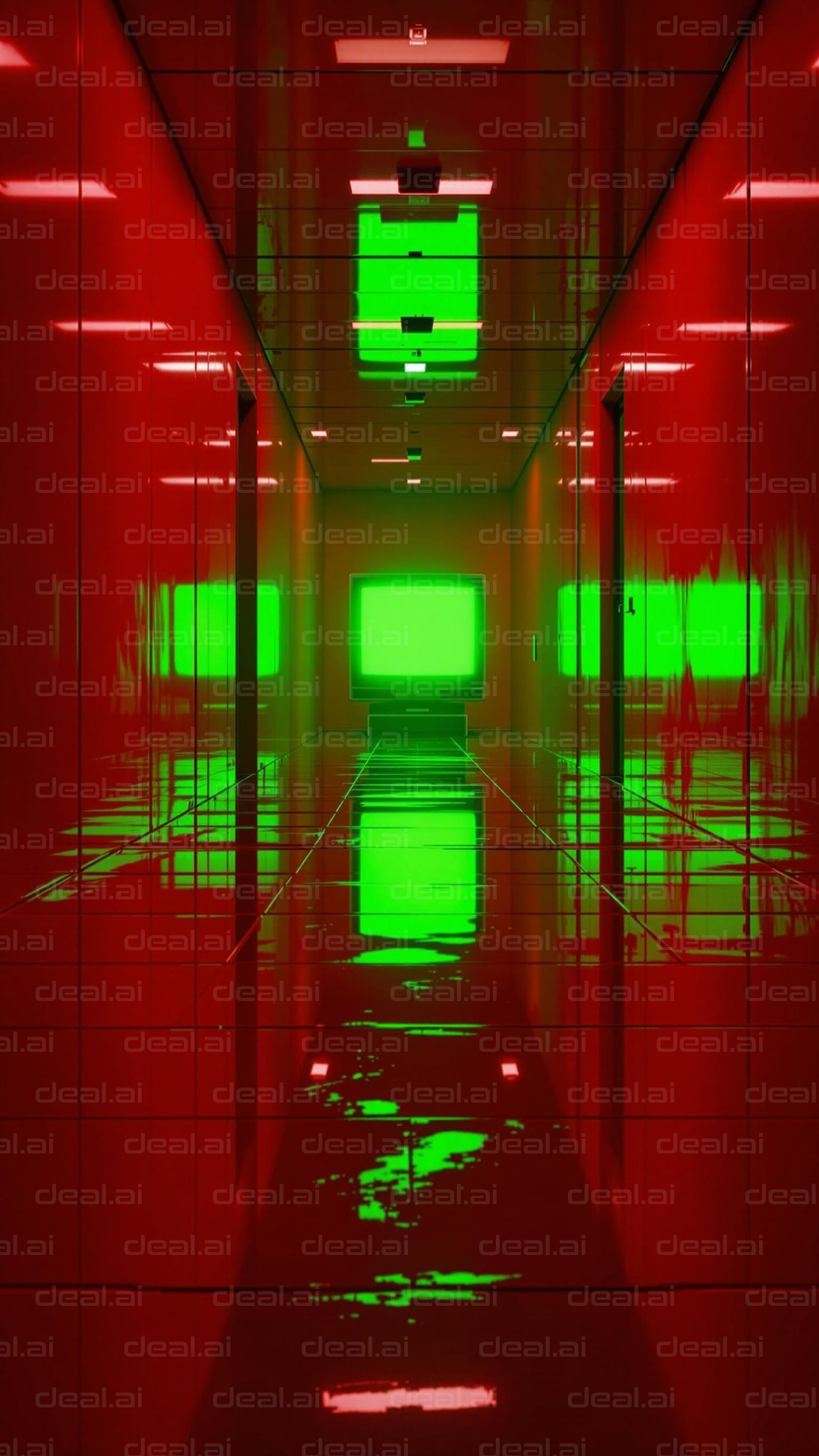 Neon Reflections in a Red Hallway