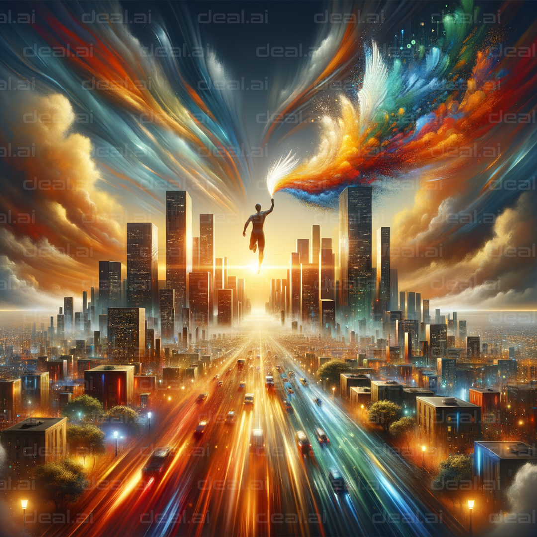 "Surreal Cityscape: Man Painting Sky"