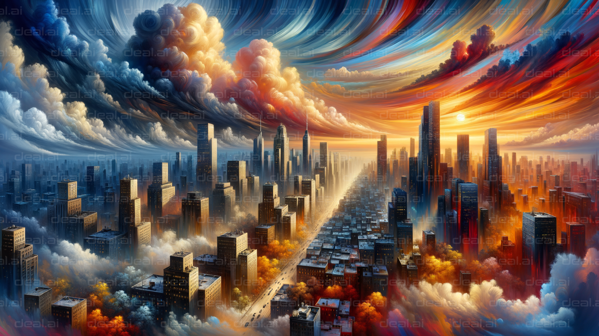 "Dual Skies Over Cityscape"