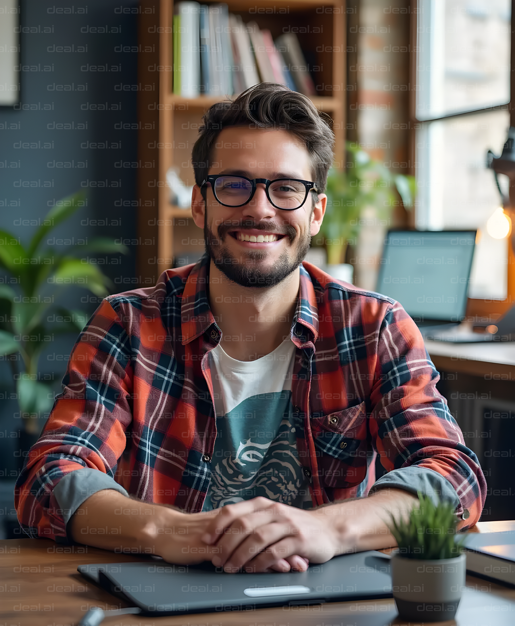 Smiling Man at Work Desk