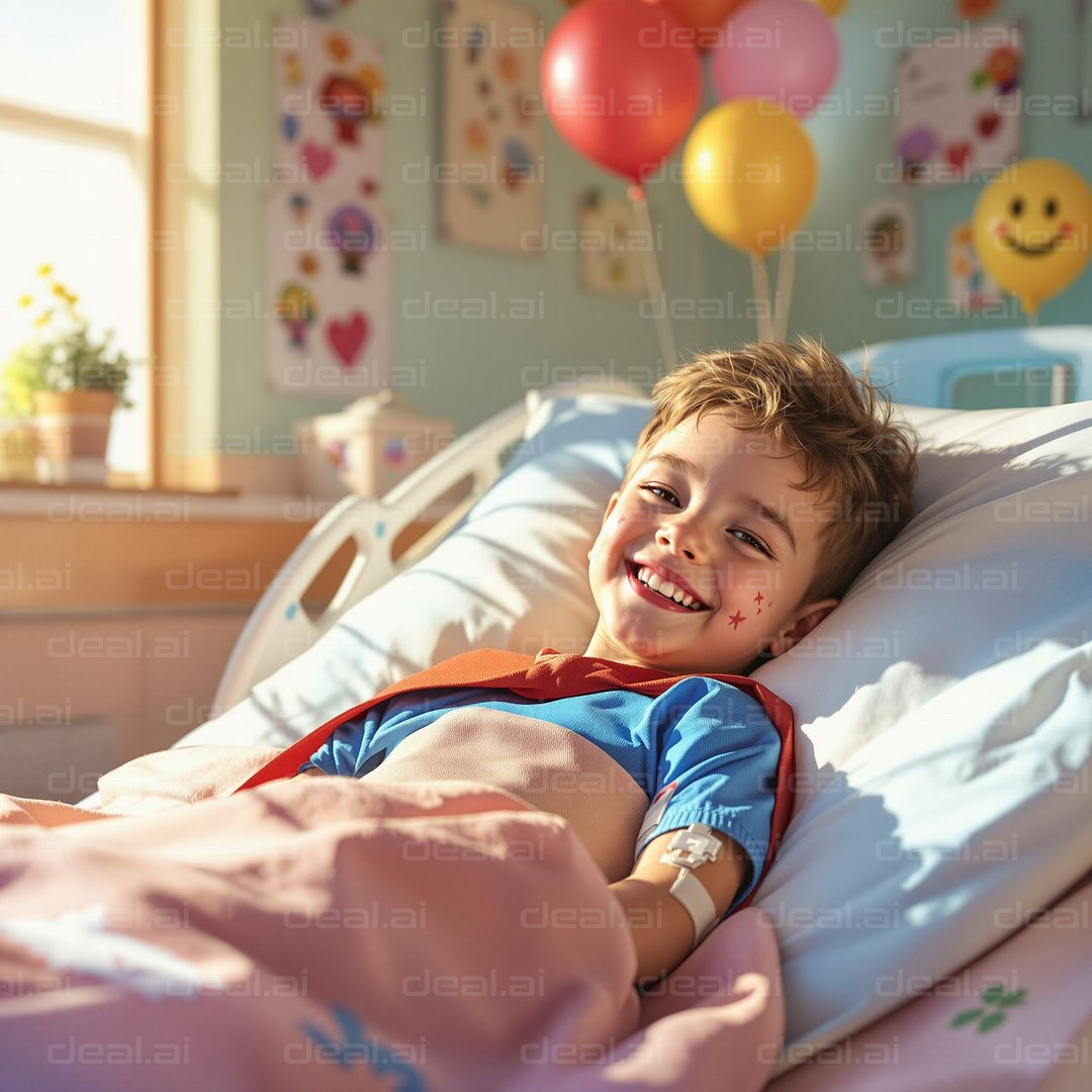 "Smiling Superhero in Hospital Bed"