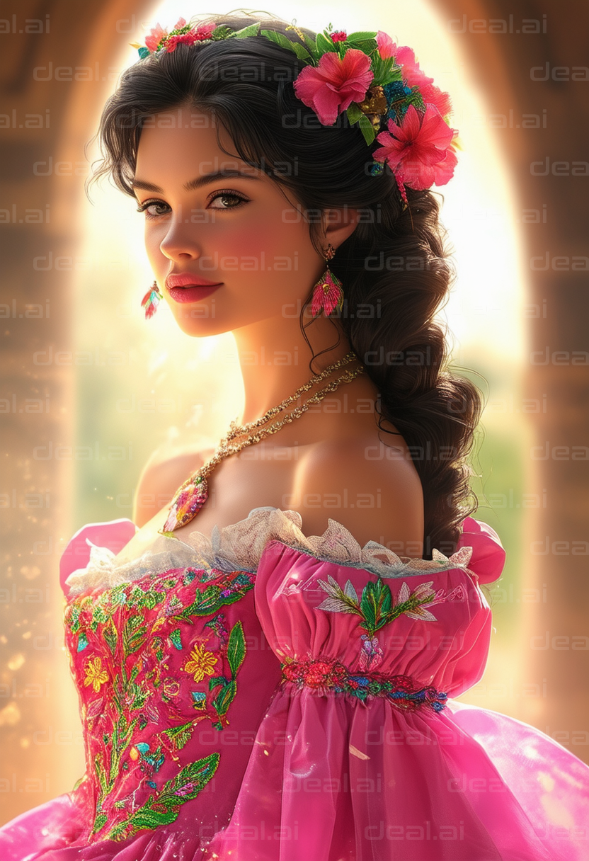 "Elegant Lady in Pink Floral Dress"