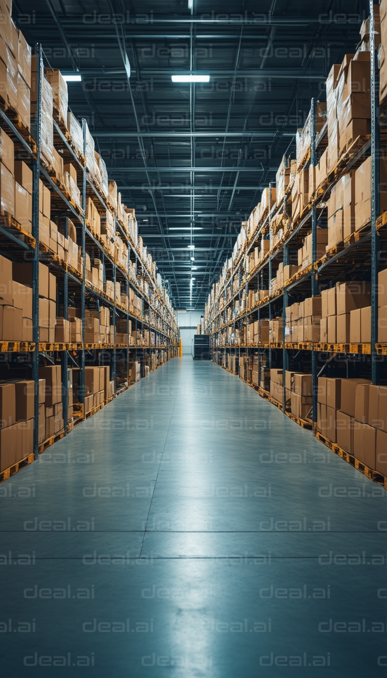 "Warehouse Aisle with Stacked Boxes"