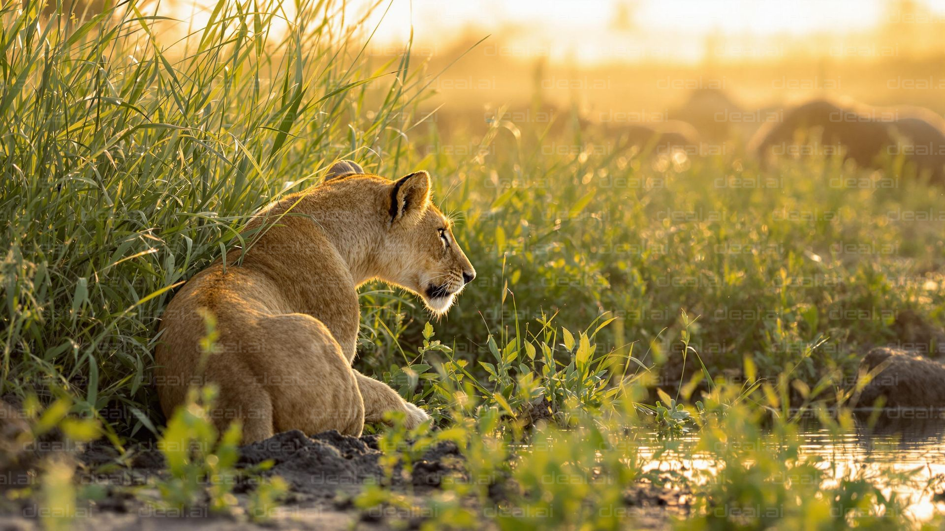 Lion at Sunset in the Grasslands