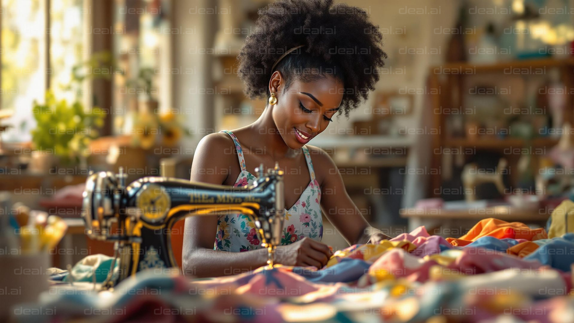 "Seamstress at Work in Sunlit Studio"