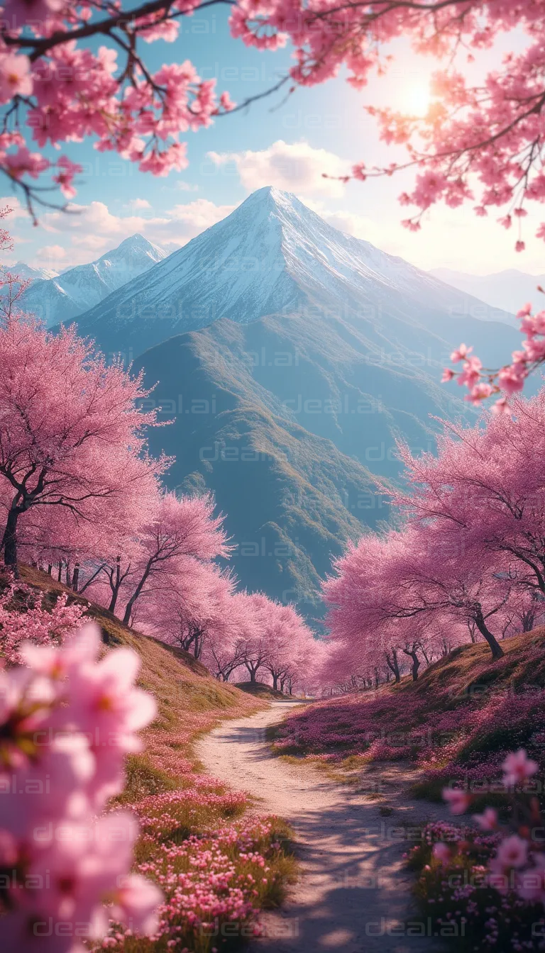 Cherry Blossoms and Snow-Capped Peaks