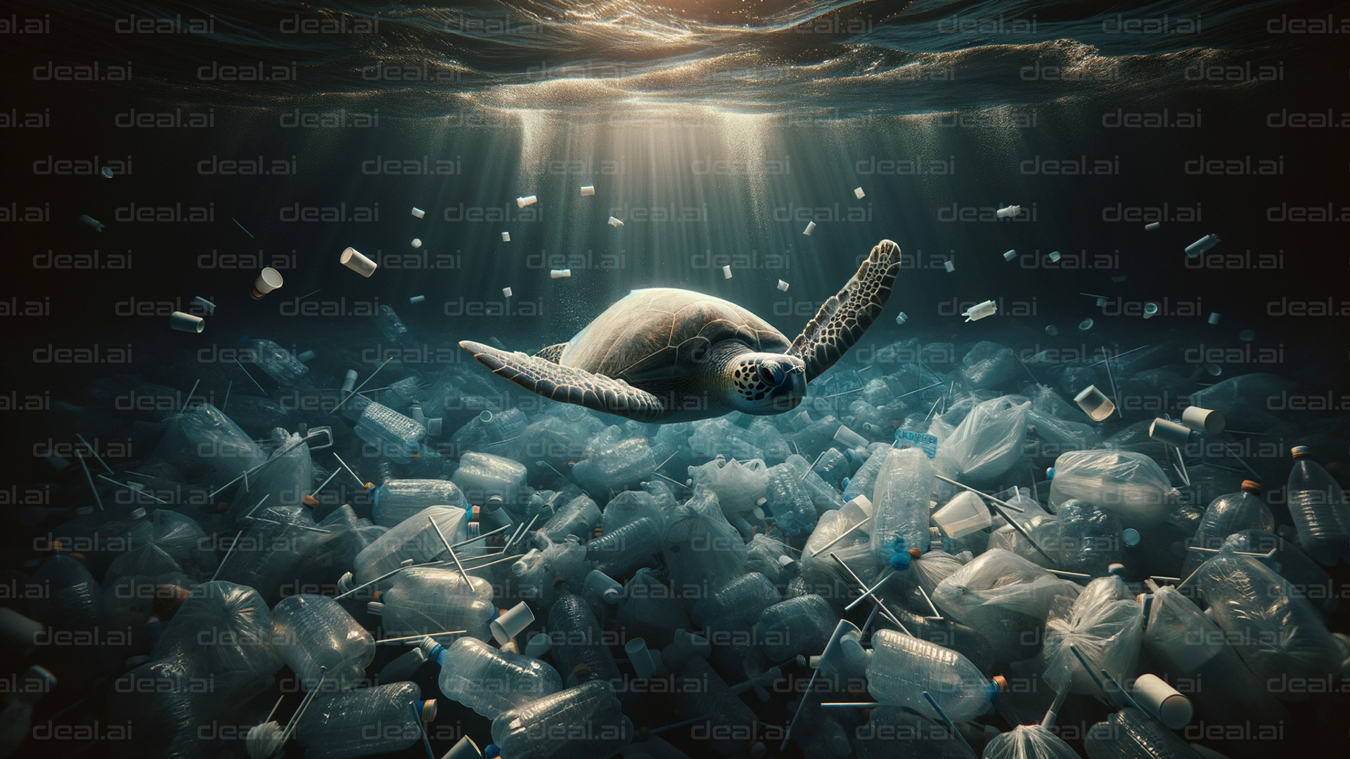 Turtle Swimming Through Plastic Ocean