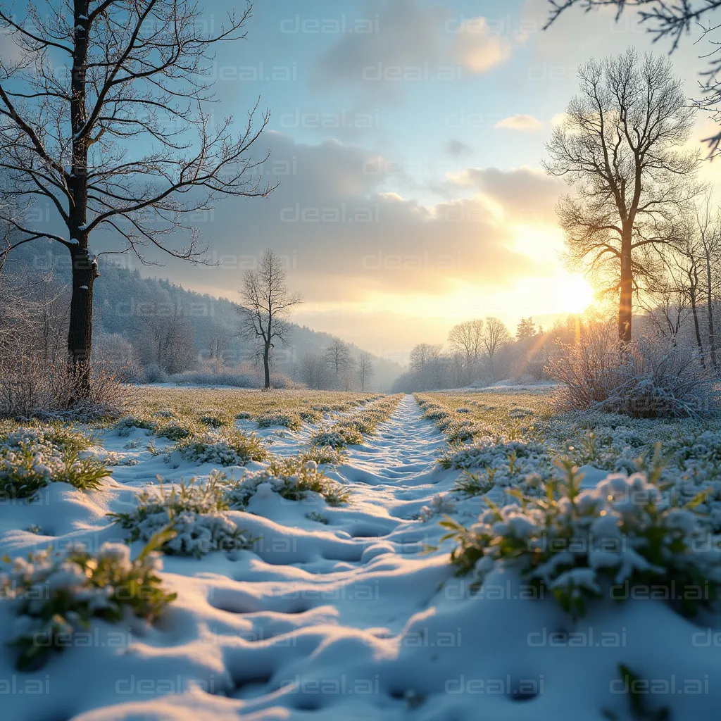 "Sunrise Over Snowy Pathway"