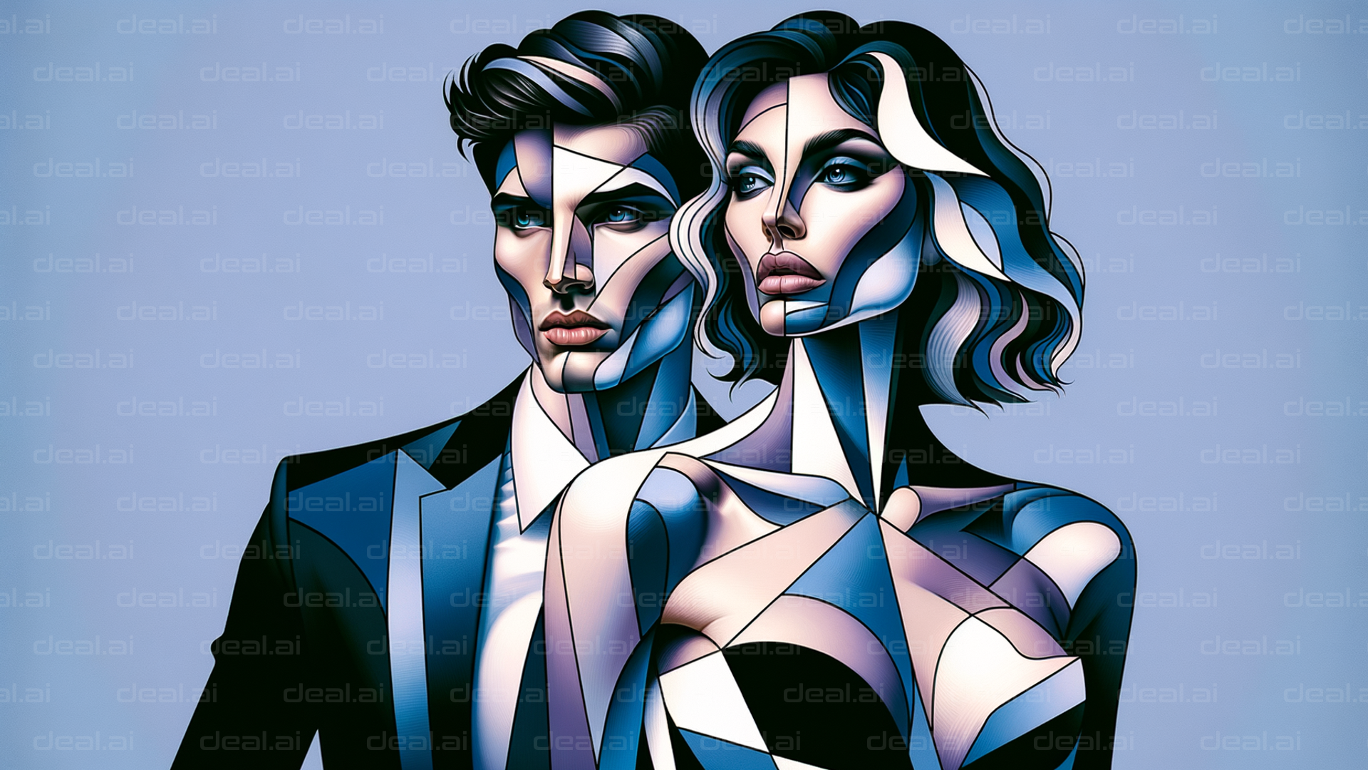 Cubist Couple Portrait in Blue Tones