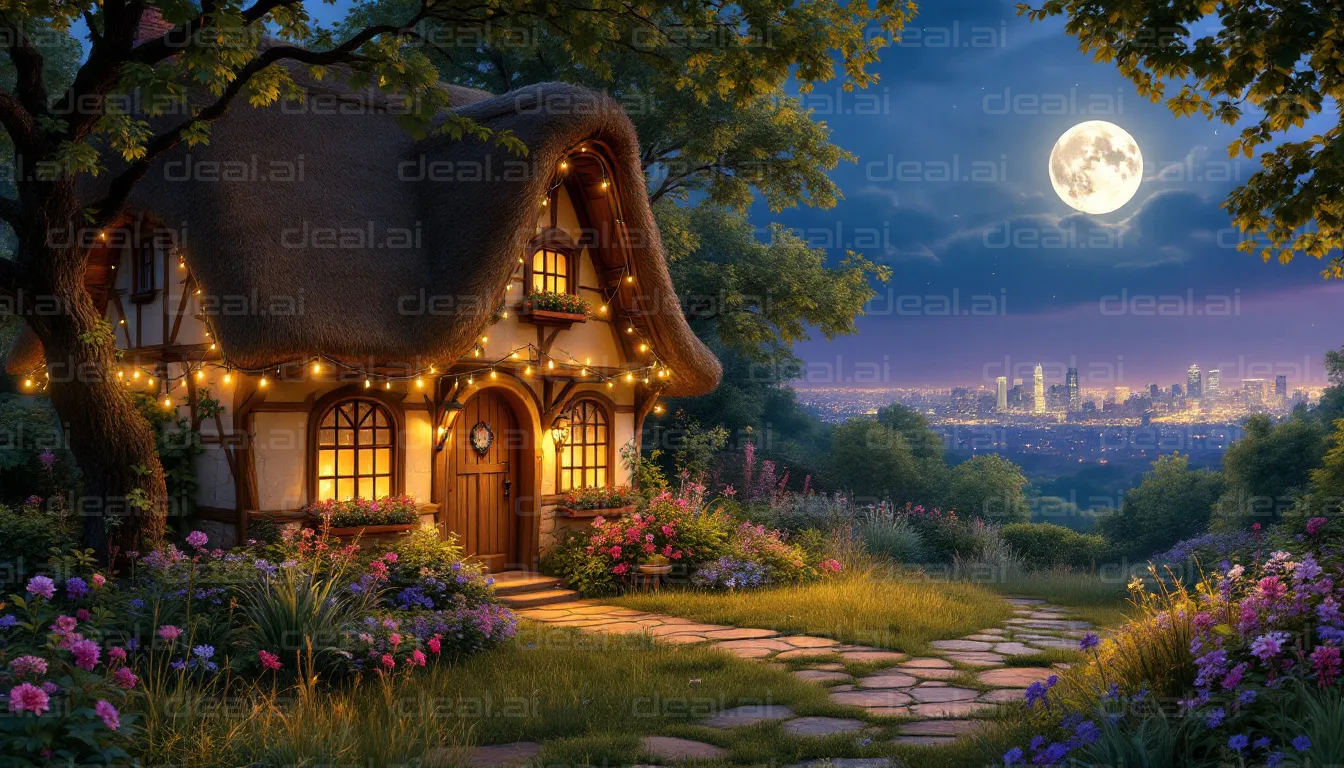 "Moonlit Cottage by the Cityscape"