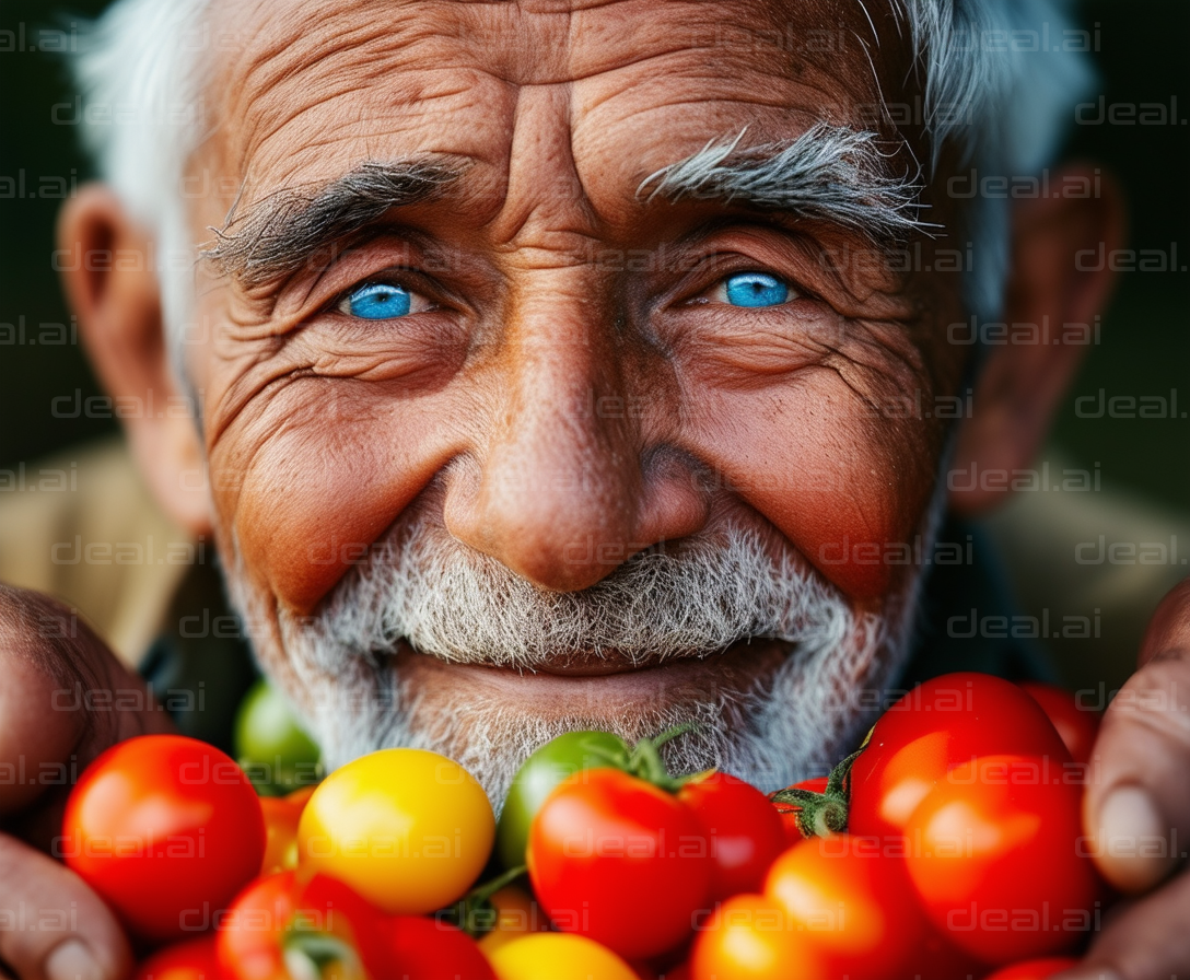 Joyful Gardener with Fresh Tomatoes