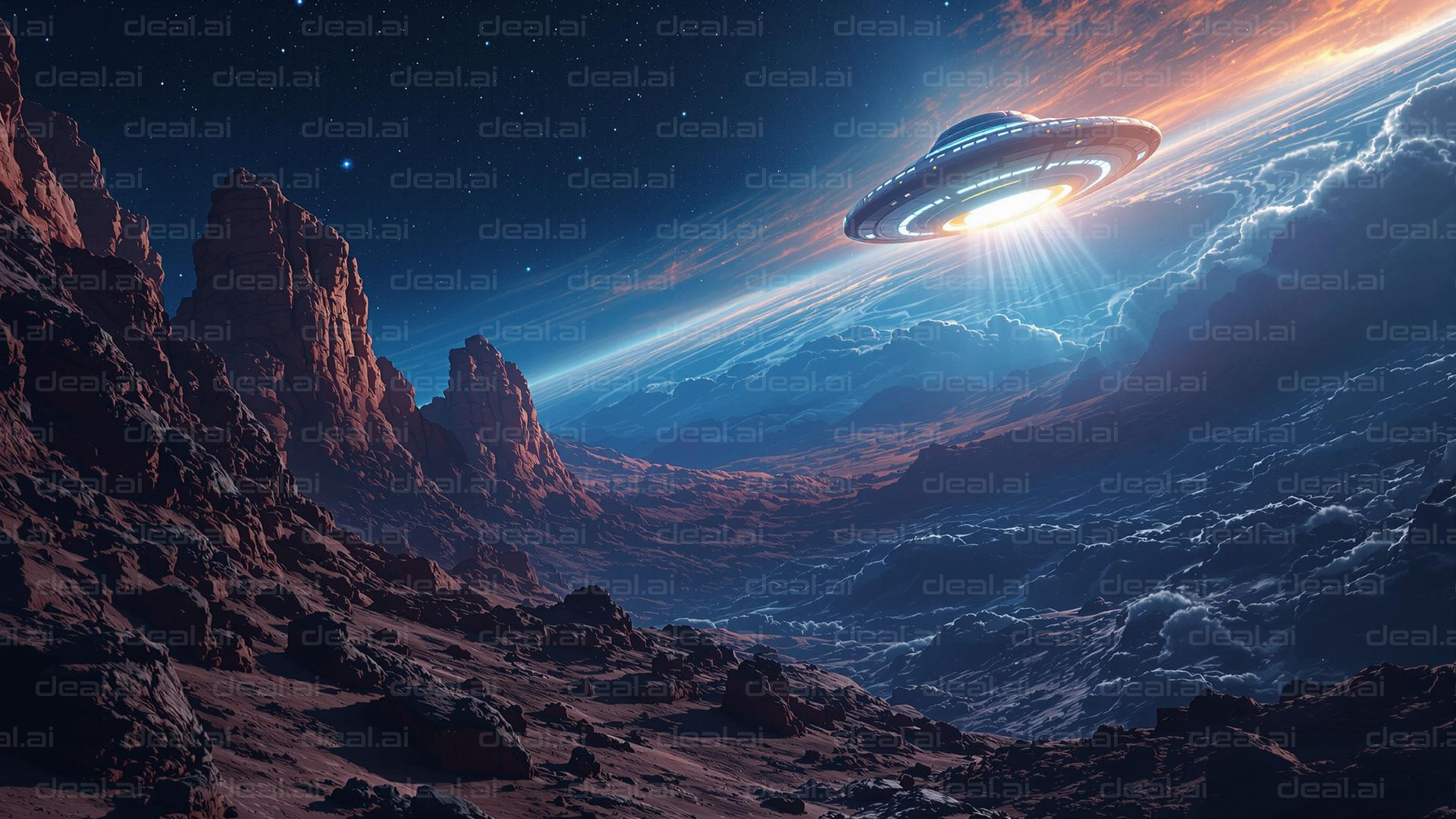 UFO Over Alien Landscape