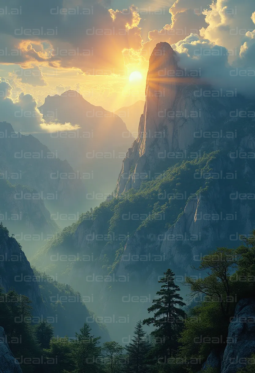 "Sunrise Over Misty Mountain Peaks"